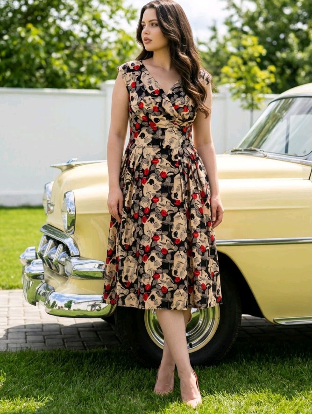 Emily & Fin Retro V Neck Fit Flare Midi Dress Fully Lined Sz L